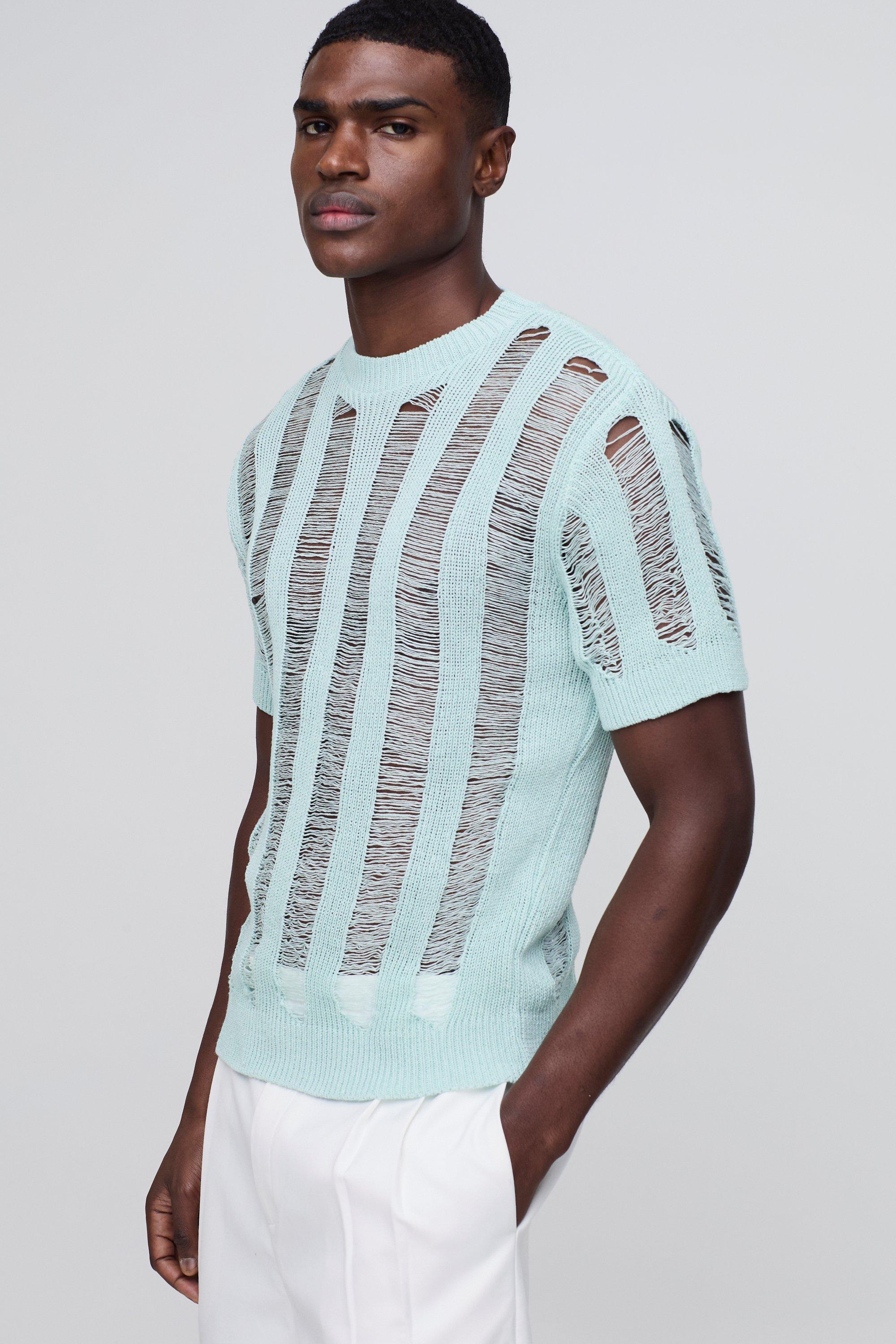 Mens Blue Regular Fit Ladder Stitch Knitted T-Shirt, Blue